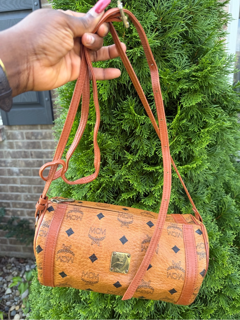 MCM Tan Visetos Barrel Crossbody Bag